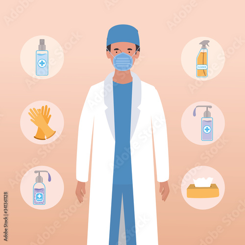 Man doctor with mask and hygiene products against 2019 ncov virus vector design