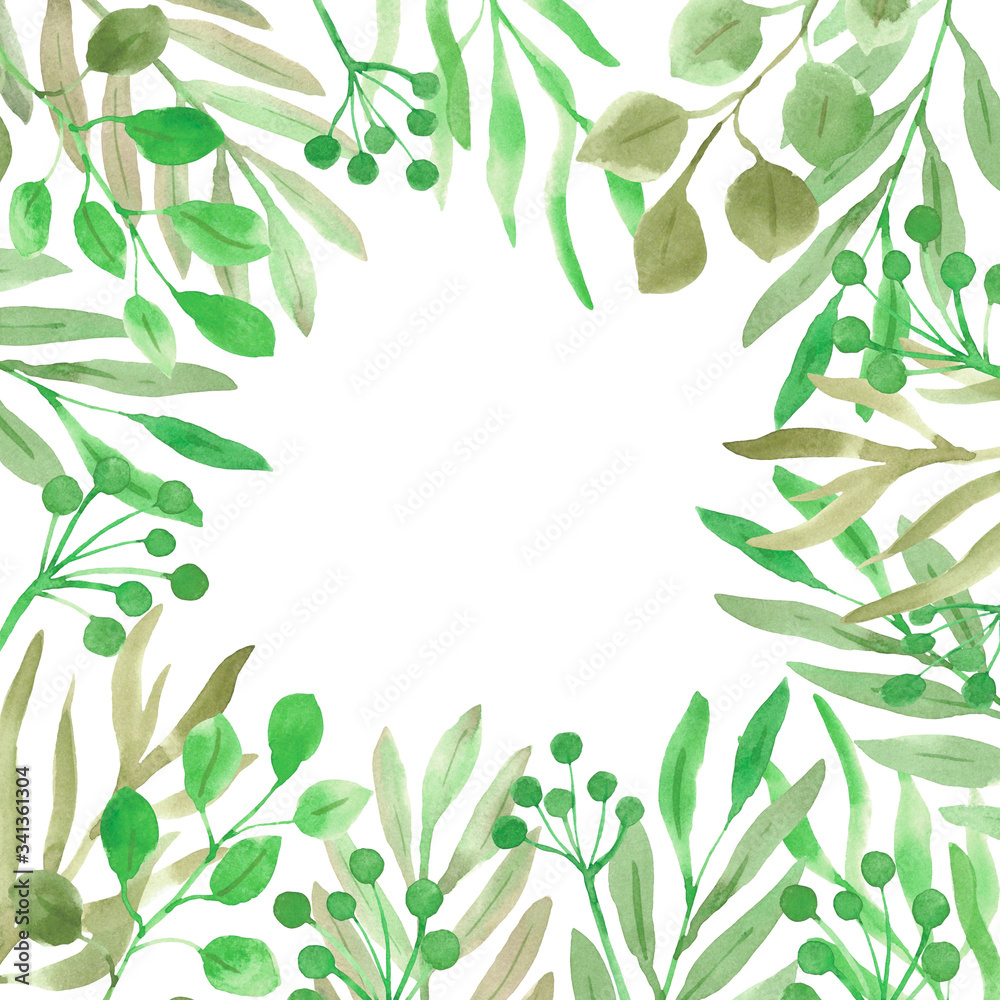 Naklejka premium Square frame with herbs and berries. Watercolor herbal background. Stock illustration