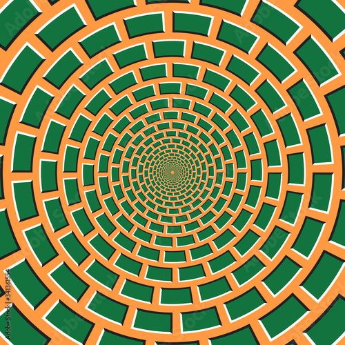 Optical motion illusion vector background. Green bricks shapes move around the center on orange background.