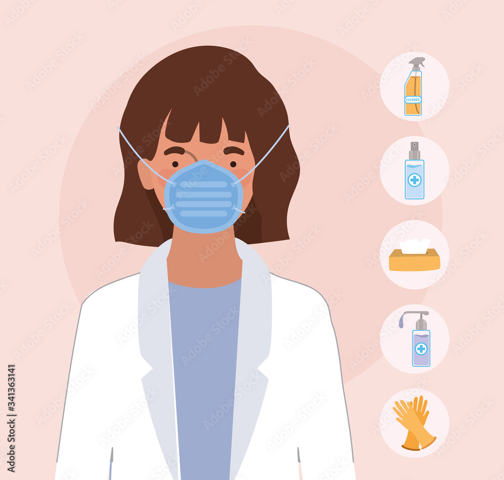 Woman doctor with mask and hygiene products against 2019 ncov virus vector design