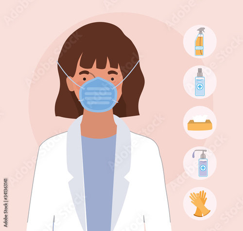 Woman doctor with mask and hygiene products against 2019 ncov virus vector design