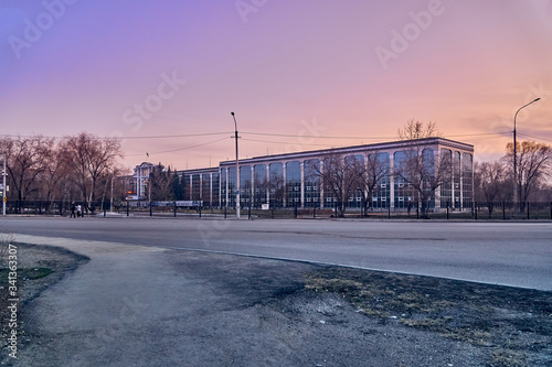 UST-KAMENOGORSK, KAZAKHSTAN - APRIL 04, 2020: Strange, amazing, unusual view of the empty streets of spring Ust-Kamenogorsk due to a pandemic - all people are sitting at home because of quarantine, KZ