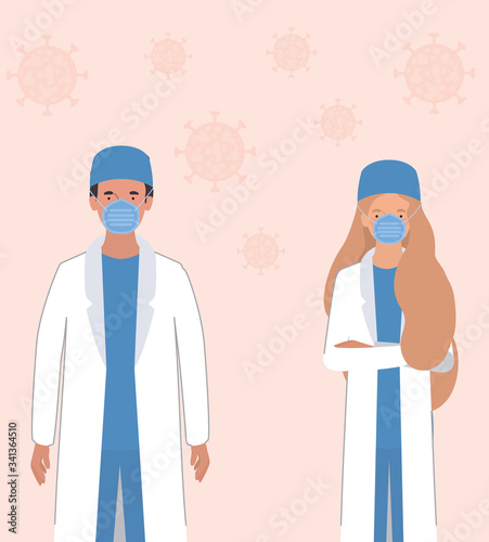 Woman and man doctors with masks against 2019 ncov virus vector design