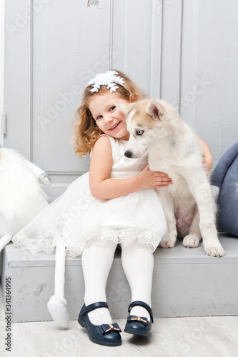 Beautiful little curly-haired girl in a white dress with a young dog of a husky breed, shot in bright studio scenery.