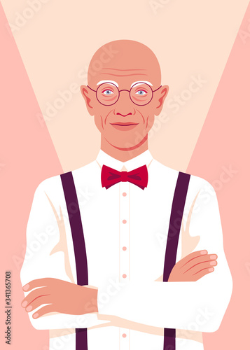 Portrait of an elegant elderly man. Successful businessman stands with arms crossed. Smile grandfather. Vector bright illustration in flat style.