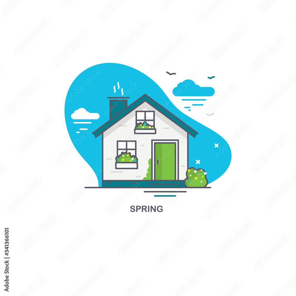 Linear flat illustration of a private house. Spring time logo concept