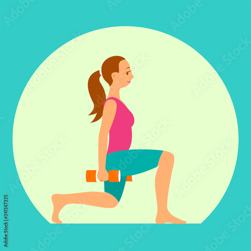 The girl is engaged in fitness at home. Does a squat exercise with dumbbells. Vector illustration.