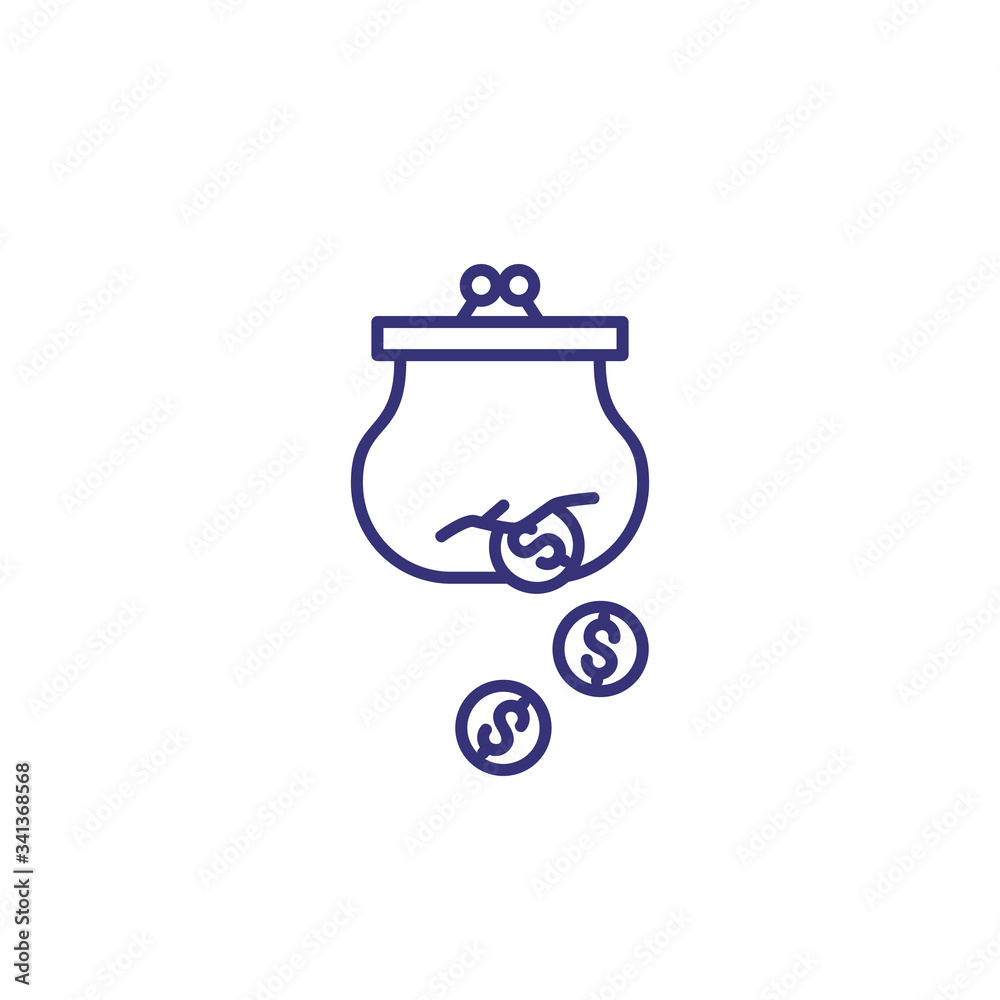 Money loss line icon. Dollar coins falling from purse. Finance management concept. Can be used for topics like business, failure coast Money loss line icon. Dollar coins falling from purse. Finance management concept. Can be used for topics like business, failure coast