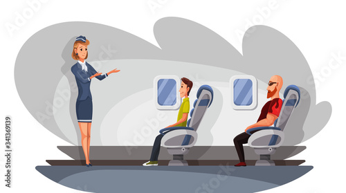Airplane crew and passenger characters in plane. Airline transportation service. Stewardess give instruction to happy people sitting on chairs in business class of aircraft