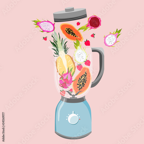 Fruits in a blender. Variety of tropical fruits: papaya, pineapple, strawberries, and dragon fruits. Healthy eating. Fitness and body care concept. Smoothie preparation. Trendy isolated illustration.