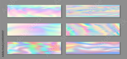 Neon holo vivid flyer horizontal fluid gradient unicorn backgrounds vector set. Fantasy holography 