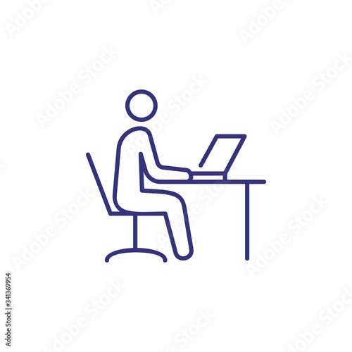 Work on computer line icon. Man sitting at table and using laptop. Workplace concept. Can be used for topics like office job, business, modern technology