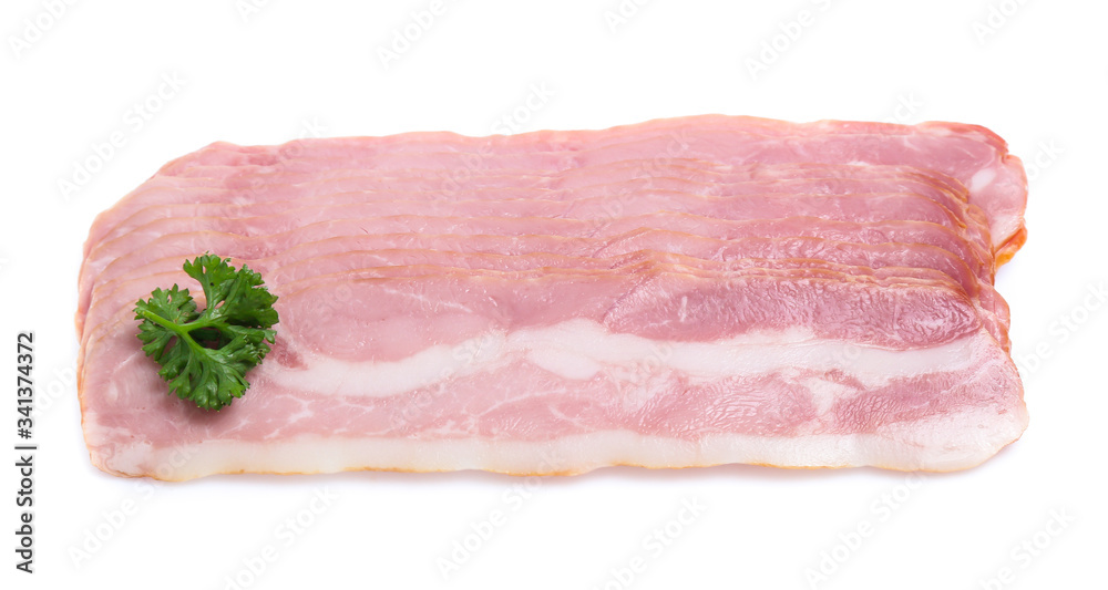 Fresh sliced bacon on white background Fresh sliced bacon on white background