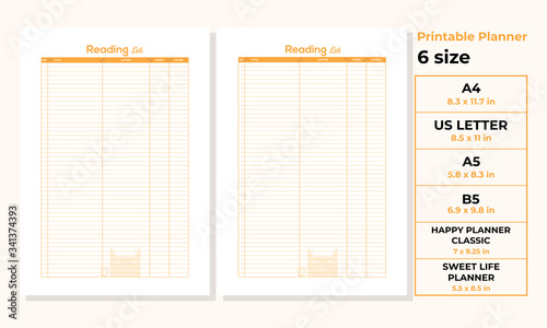 Minimalist Reading list planner pages templates vector paper A4, US Letter, A5, B5, Happy Planner Classic, Sweet Life Planner Ai, EPS 10 and PDF File
