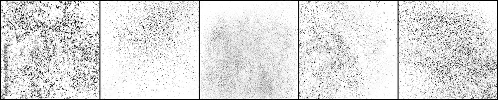 Set of distressed black texture. Dark grainy texture on white background. Dust overlay textured. Grain noise particles. Rusted white effect. Square shape backdrop. Vector illustration, EPS 10.