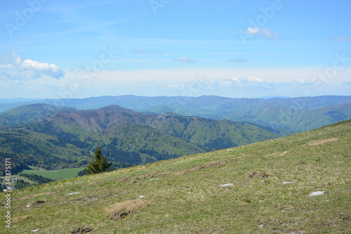 Donovaly, Slovakia - May 10, 2019: Beautiful view from the top of the mountains in the late spring