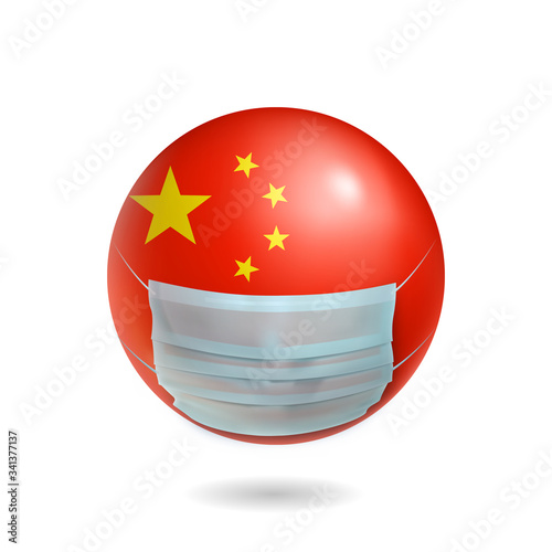 China coronavirus pandemic icon. Realistic medical mask on sphere with chinese flag. National quarantine and health safety vector illustration. Coronavirus protection and self prevention in China.