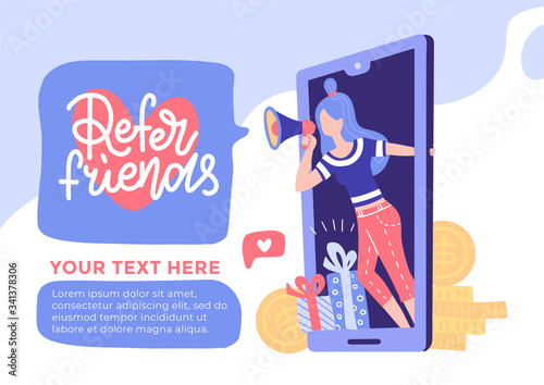 Concept Refer friends. Referral program banner. People speak in megaphone words. Woman screams in the loudspeaker. The girl in the phone with bonus gift boxes. Vector flat illustration with lettering