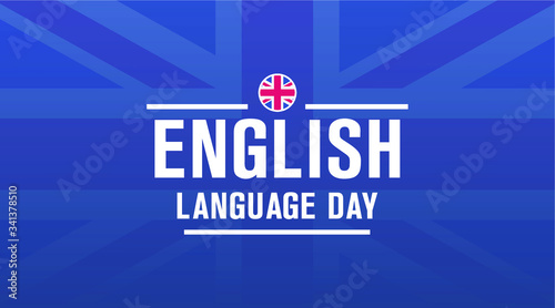 English language day banner, concept, card with British flag on a blue background. 