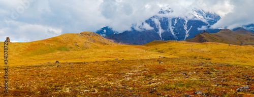 Klyuchevskoy Natural Park. Panoramic view of Plosky Tolbachik and the valley. Dykes. Kamchatka Peninsula. Russia  