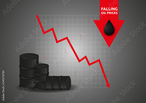 Oil industry crisis concept. Oil barrel with red arrow price down vector illustration.