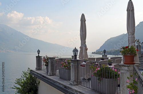 View from terraced bike path over Lake Garda. Ciclopista del Garda. Limone sul Garda, Italy