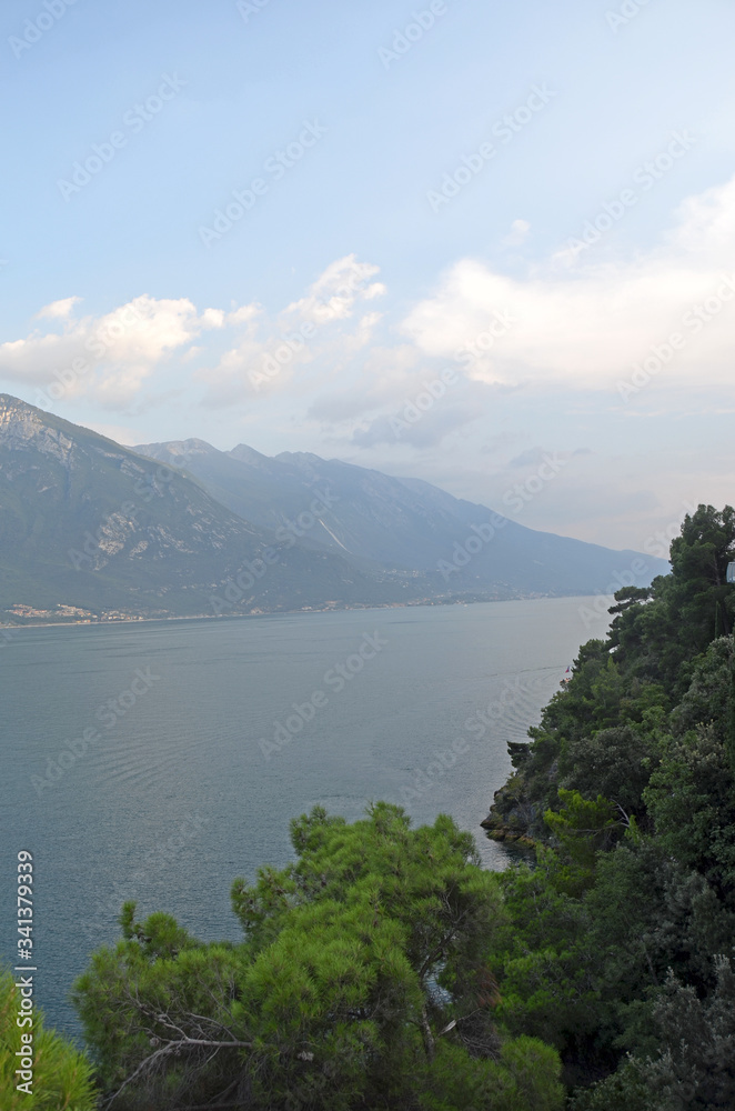 View from terraced bike path over Lake Garda. Ciclopista del Garda. Limone sul Garda, Italy