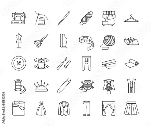 Sewing equipment and needlework line flat icon set. Equipment for a sewing studio. Custom clothing.