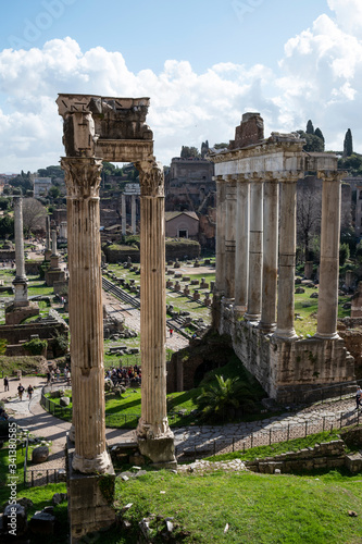 Italy, Rome, Roman Forum and colonnades of Temple of Vespasian and Titus photo