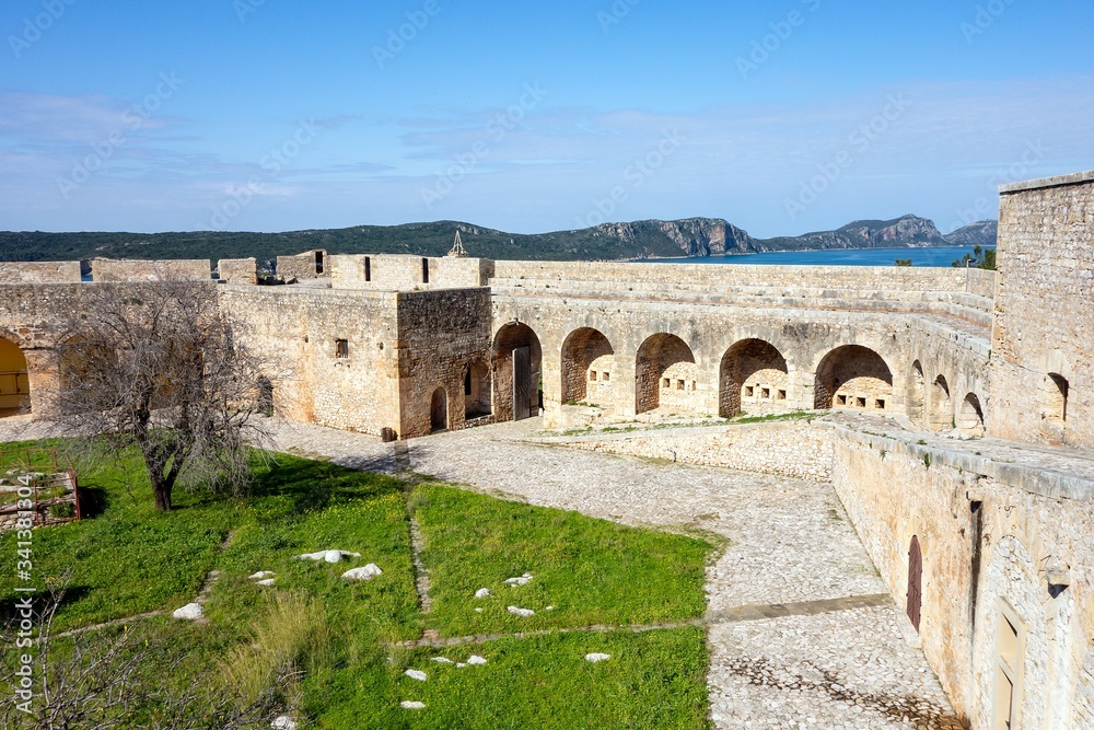 The wall and courtyard of the Pylos Castle (Niokastro, Neokastro) in Pylos city, Greece