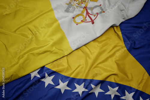 waving colorful flag of bosnia and herzegovina and national flag of vatican city.