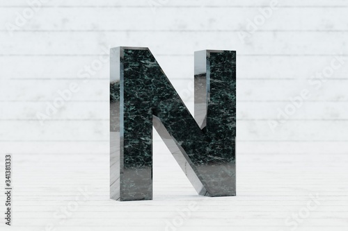 Marble 3d letter N uppercase. Dark green marble letter on white wood background. 3d render.