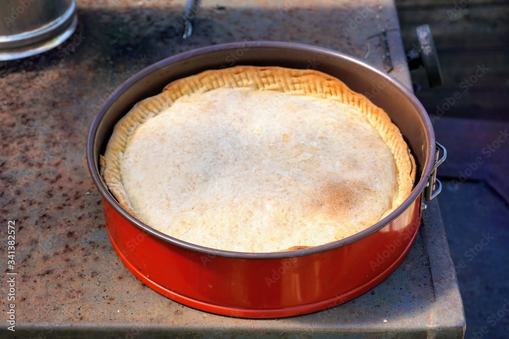 Vegetable pie in red baking dish