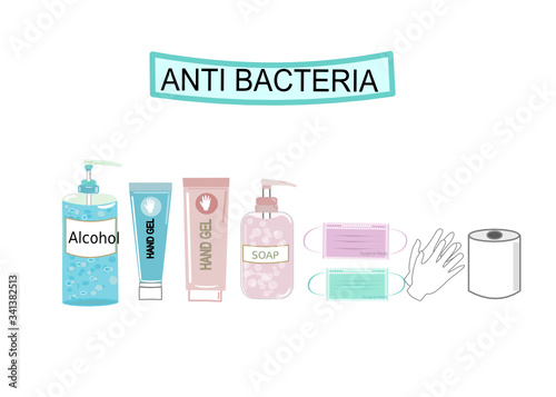 Set of personal Virus protective medical equipment in clouding respiratory surgical mask,napkin,gloves,and disinfectant hand sanitizers antibacterial alcohol gel bottle for COVID concept.