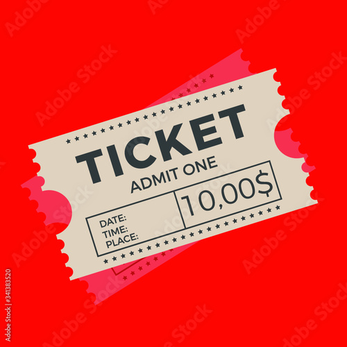 Ticket icon vector illustration in the flat style. Ticket stub isolated on a background. Retro cinema or movie tickets.