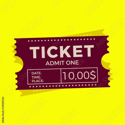 Ticket icon vector illustration in the flat style. Ticket stub isolated on a background. Retro cinema or movie tickets.