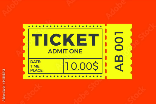 Ticket icon vector illustration in the flat style. Ticket stub isolated on a background. Retro cinema or movie tickets.