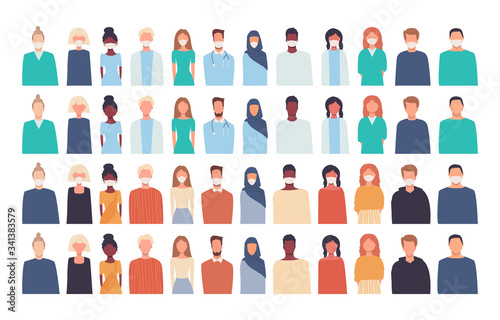 Vector set. Illustrations, icons in flat style of people isolated on white. Modern multicultural, multiethnic society. European, african, asian, american. Men and women. Doctors. Healthcare, medicine