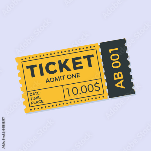 Ticket icon vector illustration in the flat style. Ticket stub isolated on a background. Retro cinema or movie tickets.