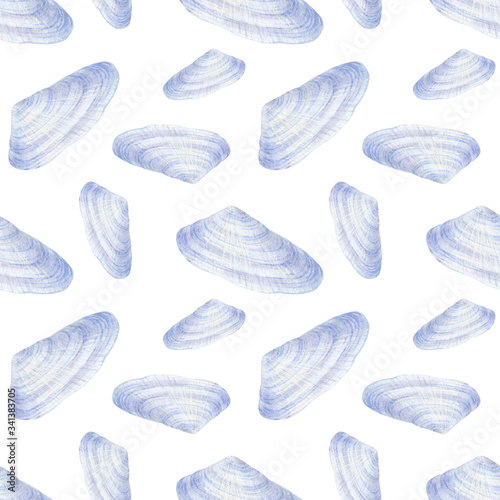 Marine seamless patern of sea shells. Watercolor illustration for textile, greeting cards,
