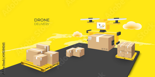 Drone express delivery with package against world map. Online service application on cloud. 3d perspective illustration