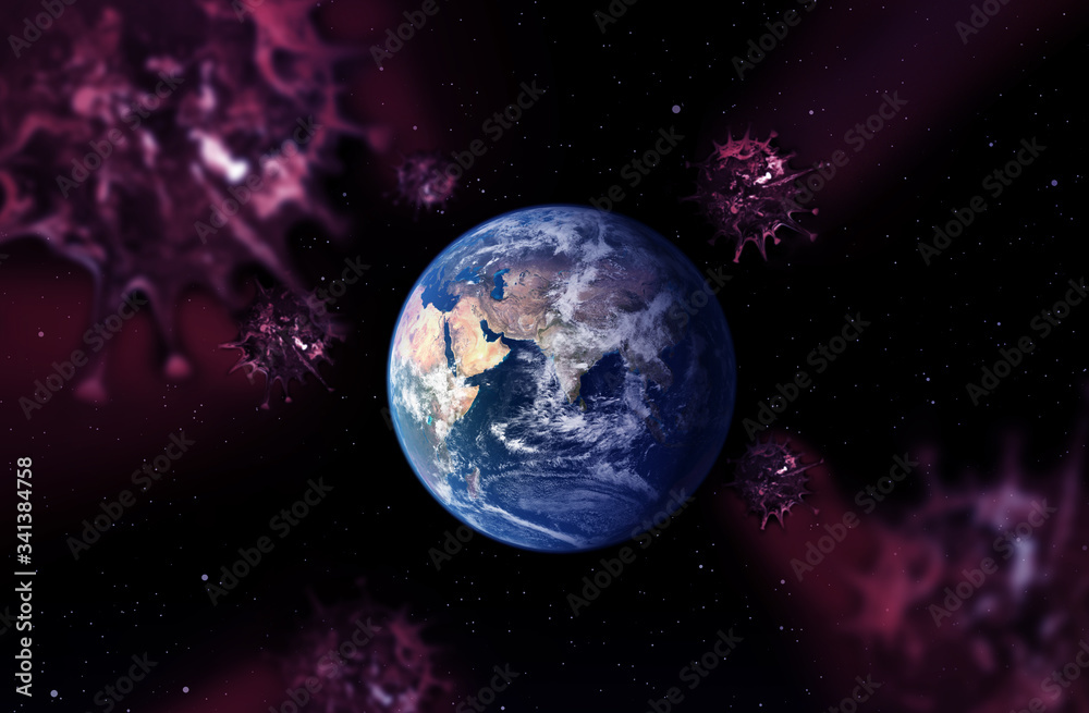 illness and virus corona virus pandemic coming to earth from out of space concept with 3d Illustration illness and virus corona virus pandemic coming to earth from out of space concept with 3d Illustration