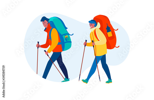 Couple with backpacks practicing trekking. Couple of campers walking with poles outdoors flat vector illustration. Adventure travel, activity concept for banner, website design or landing web page