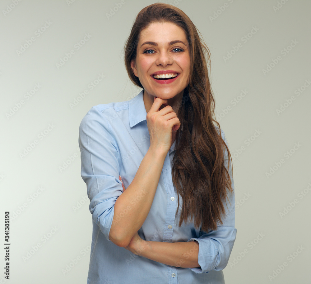 Smiling woman dressed blue shirt isolated Smiling woman dressed blue shirt isolated