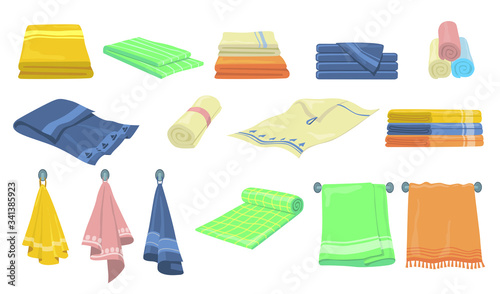 Bath and kitchen towels flat icon kit. Cartoon fabric hanging on hook, rolled and folded cloth vector illustration set. Fluffy textile for wiping. Clean and dry concept
