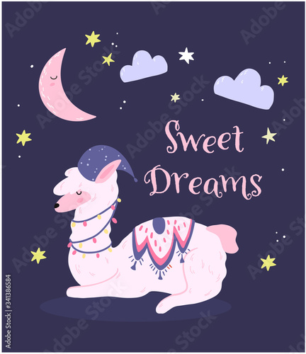 Cozy poster with a llama for a bedroom, a star and a month on a blue background with the inscription "good night", a print on pyjamas