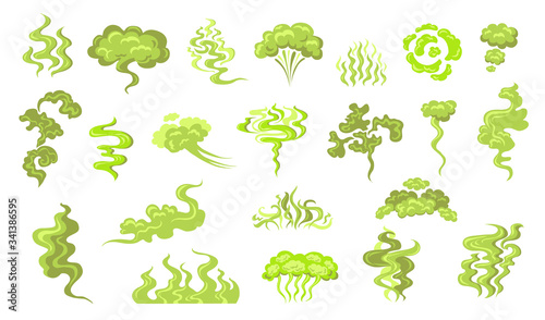 Smelling smoke flat icon kit. Cartoon bad odor cloud  green stinky aroma and dirt toxic steam vector illustration set. Smell breath and stink fart stench concept
