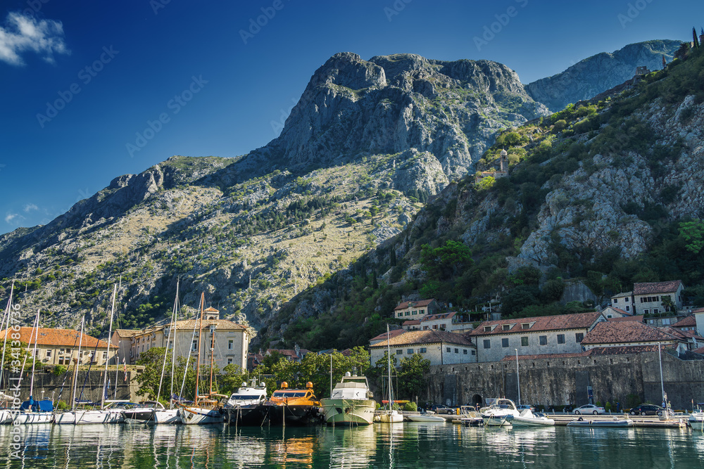 Sunny morning panoramic view of Kotor bay near old town, Montenegro.