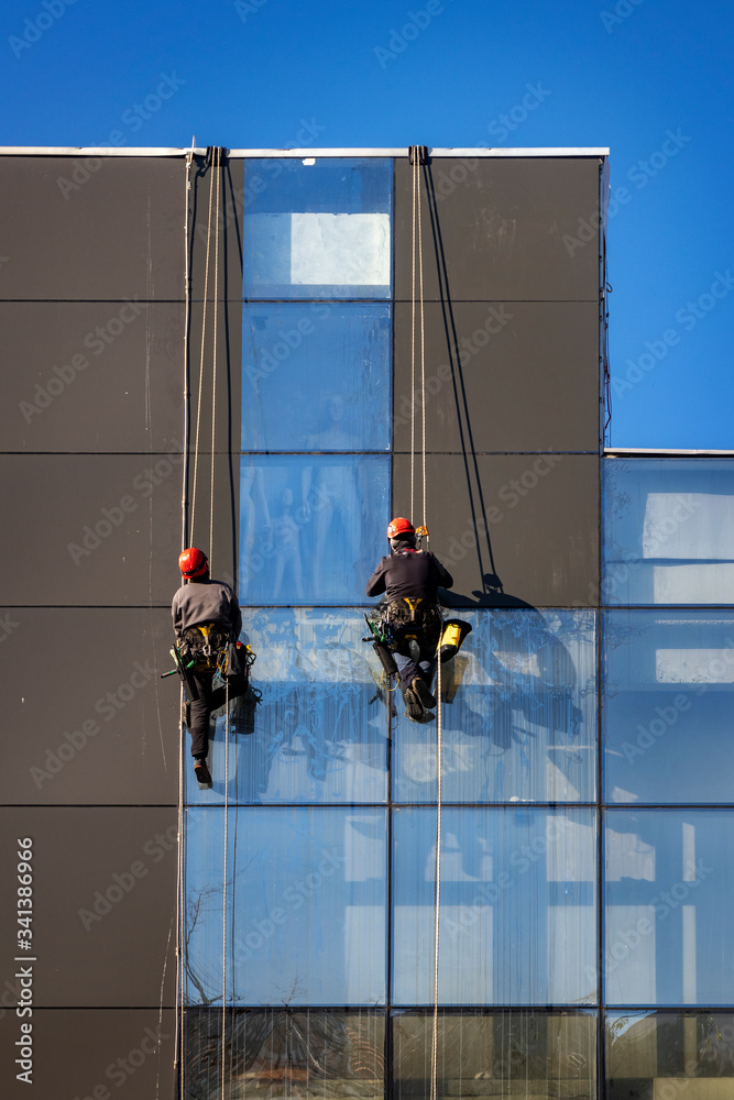Two workers cleaning glass facade, hanging on rope like alpinist