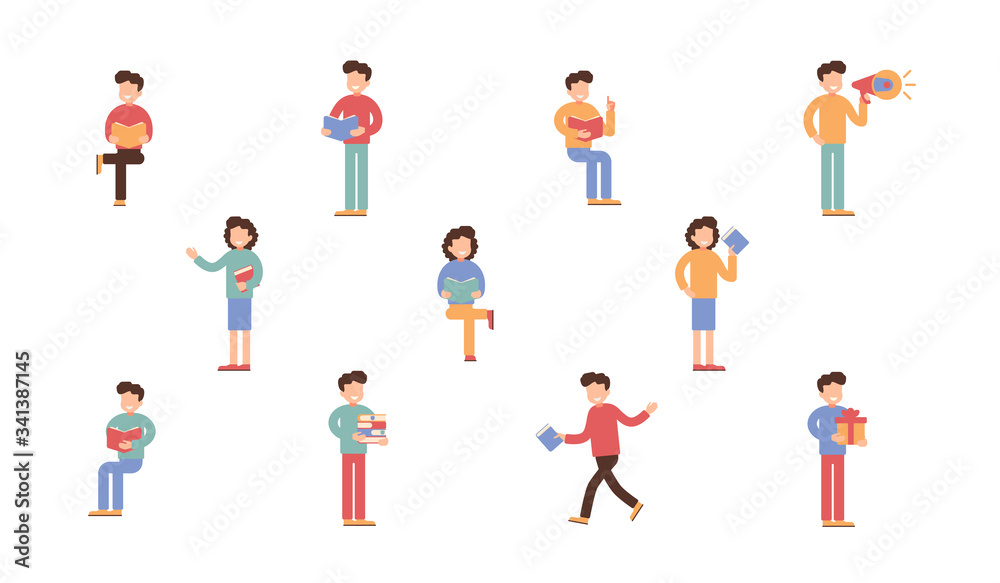 Collection of small characters holding books. People reading in various poses. Vector illustration in flat style. Collection of small characters holding books. People reading in various poses. Vector illustration in flat style.